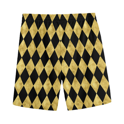 Black And Gold Harlequin Pattern Print Men's Sports Shorts