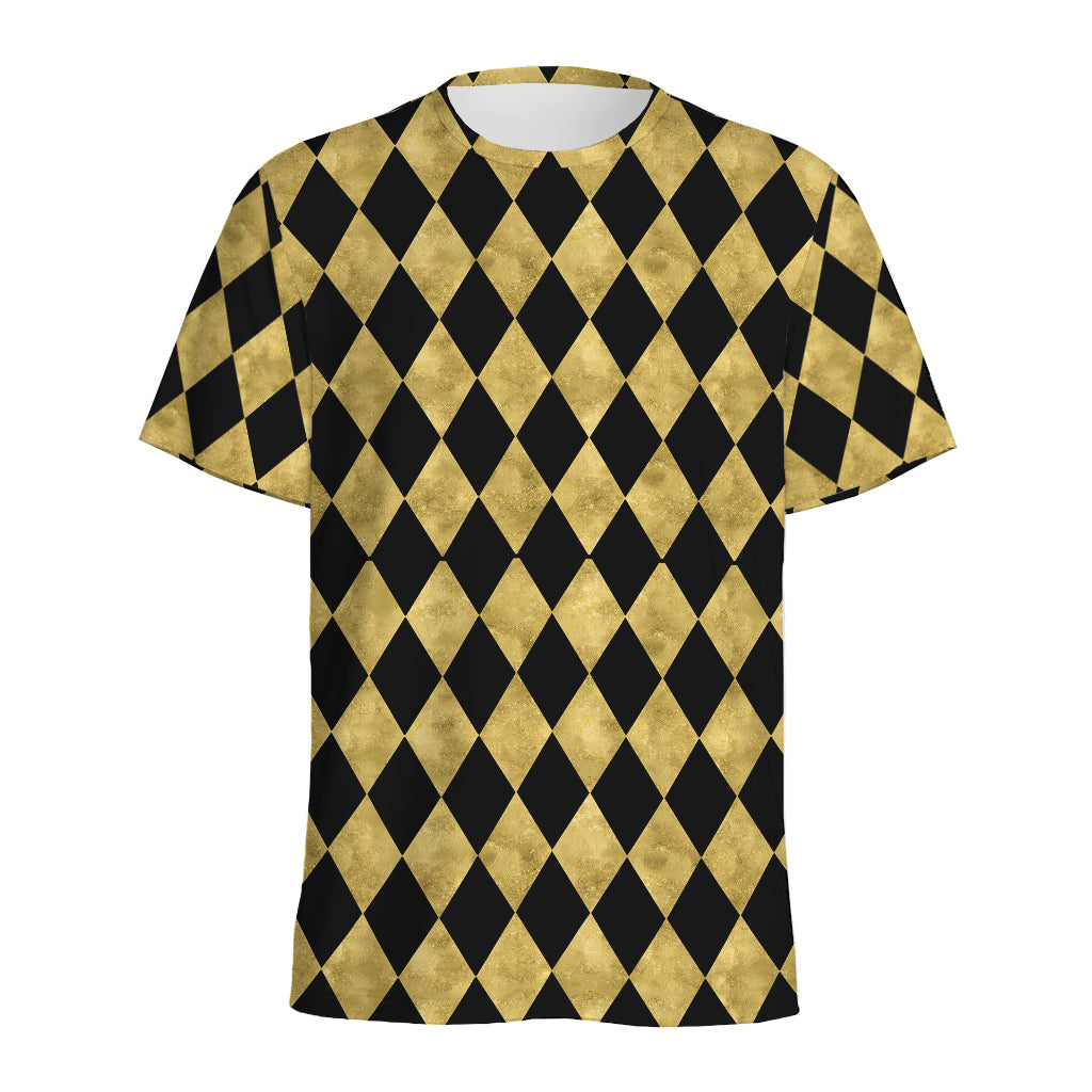 Black And Gold Harlequin Pattern Print Men's Sports T-Shirt