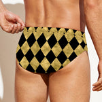 Black And Gold Harlequin Pattern Print Men's Swim Briefs