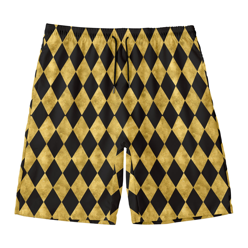 Black And Gold Harlequin Pattern Print Men's Swim Trunks