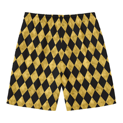 Black And Gold Harlequin Pattern Print Men's Swim Trunks