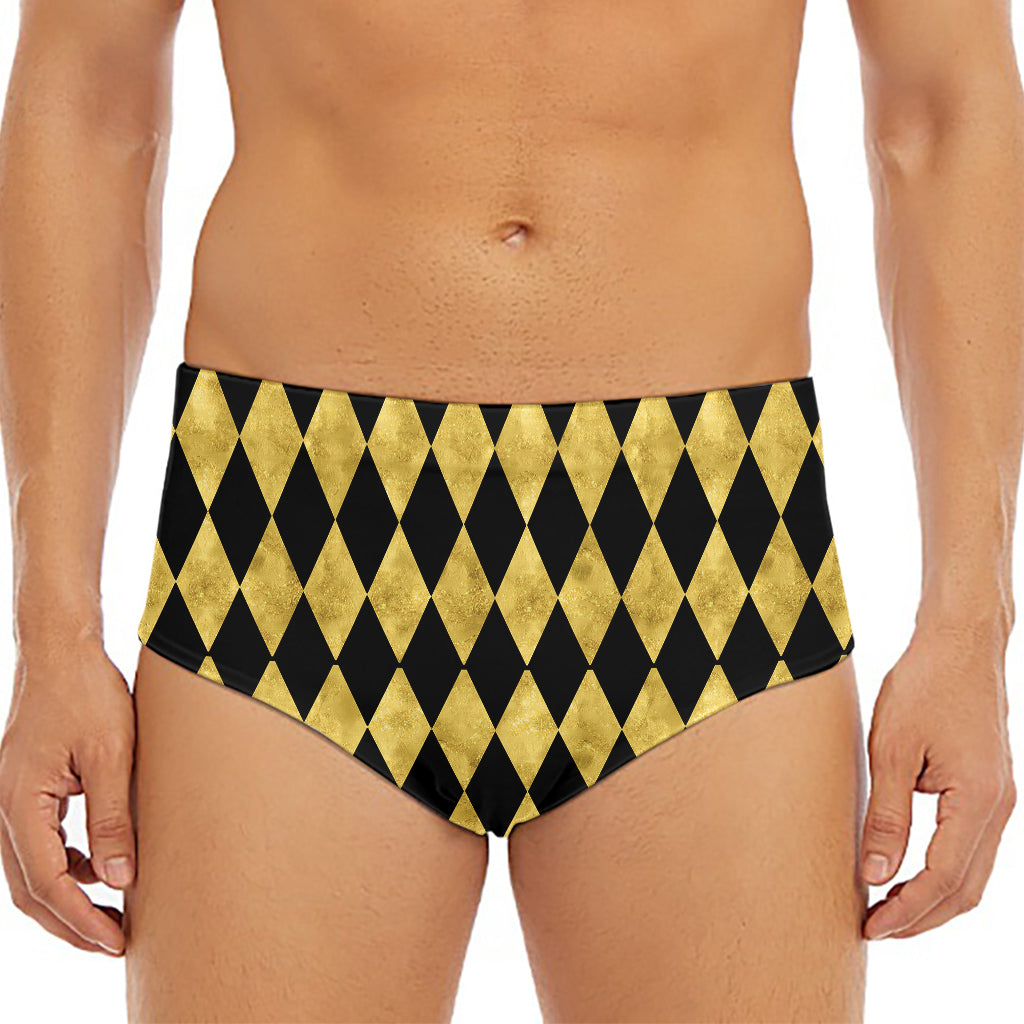 Black And Gold Harlequin Pattern Print Men's Triangle Swim Briefs