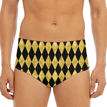 Black And Gold Harlequin Pattern Print Men's Triangle Swim Briefs