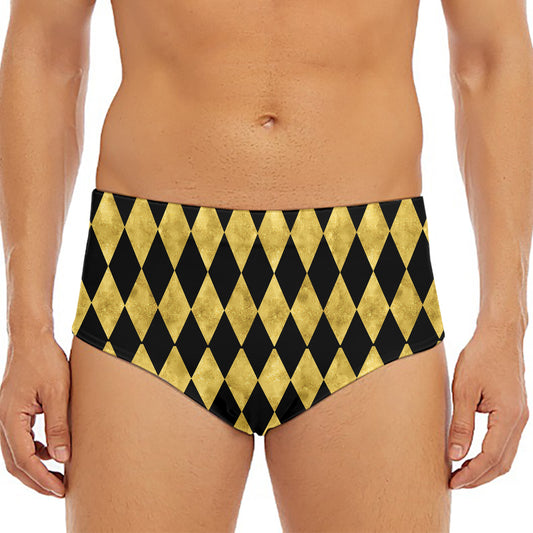 Black And Gold Harlequin Pattern Print Men's Triangle Swim Briefs