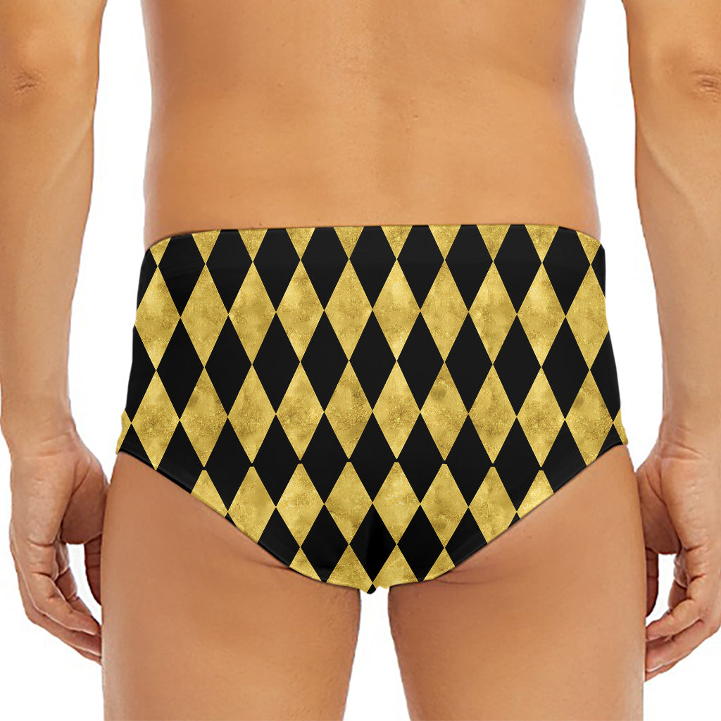 Black And Gold Harlequin Pattern Print Men's Triangle Swim Briefs