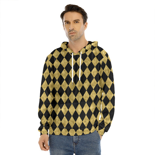 Black And Gold Harlequin Pattern Print Men's Velvet Pullover Hoodie