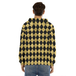 Black And Gold Harlequin Pattern Print Men's Velvet Pullover Hoodie