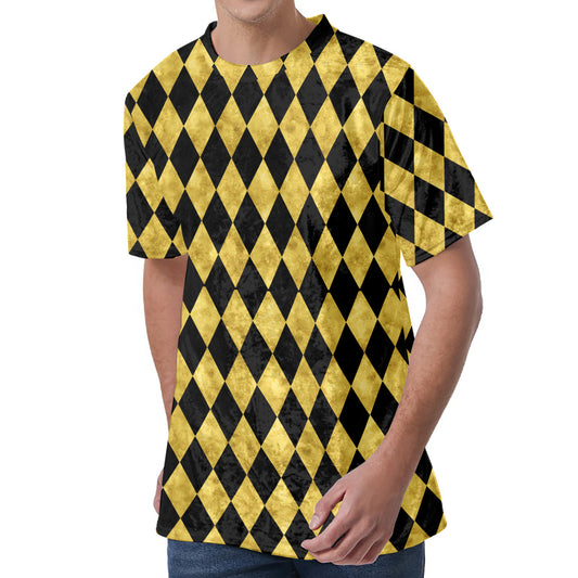 Black And Gold Harlequin Pattern Print Men's Velvet T-Shirt