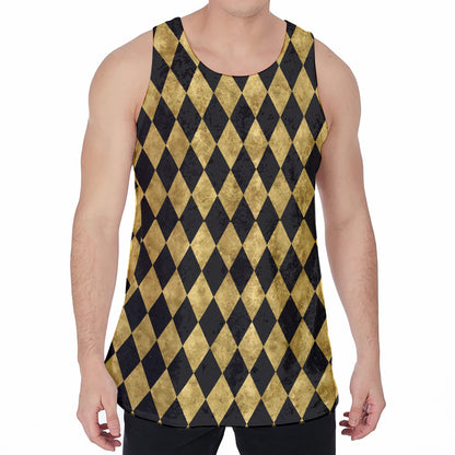 Black And Gold Harlequin Pattern Print Men's Velvet Tank Top