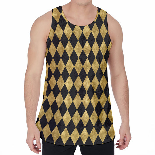 Black And Gold Harlequin Pattern Print Men's Velvet Tank Top
