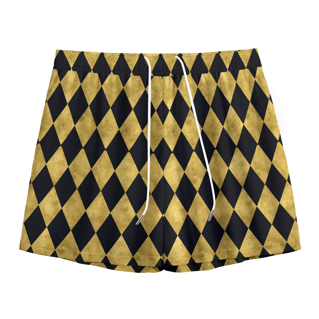Black And Gold Harlequin Pattern Print Mesh Shorts