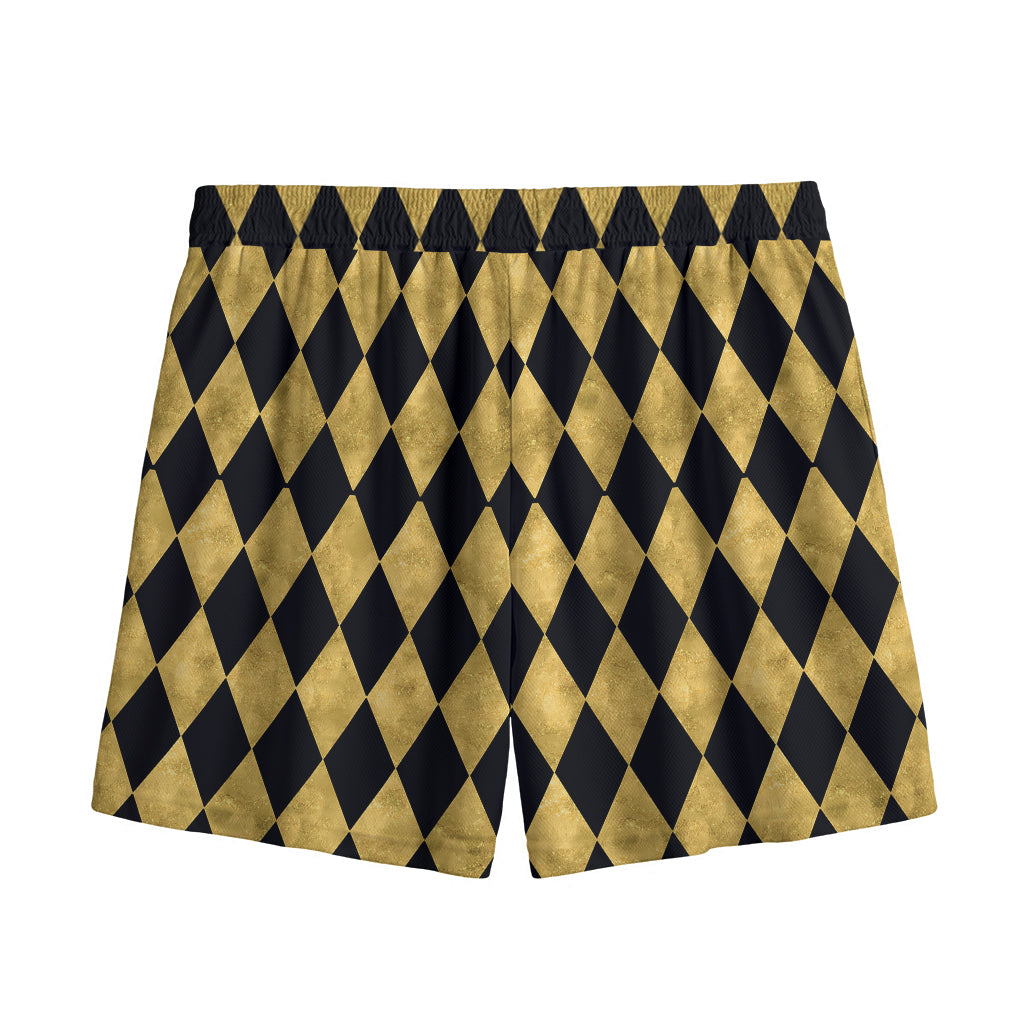 Black And Gold Harlequin Pattern Print Mesh Shorts