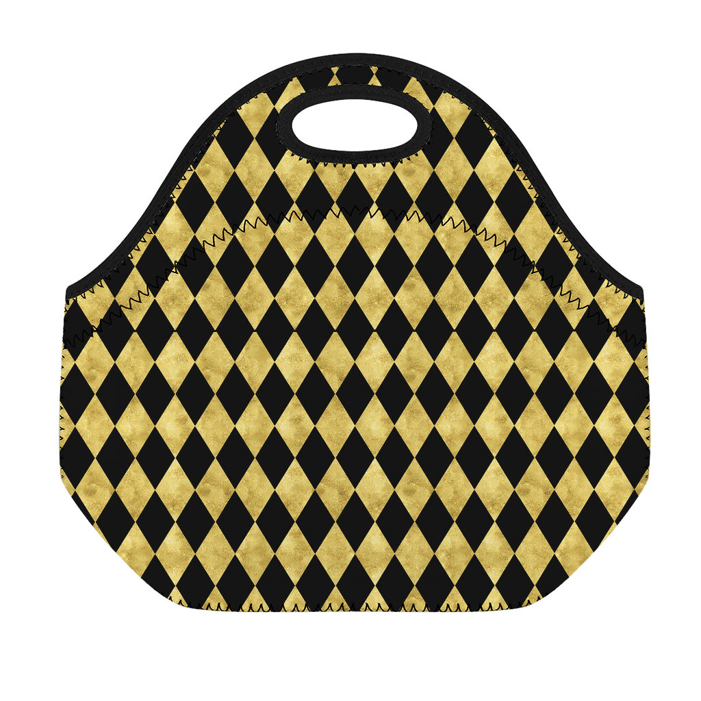 Black And Gold Harlequin Pattern Print Neoprene Lunch Bag