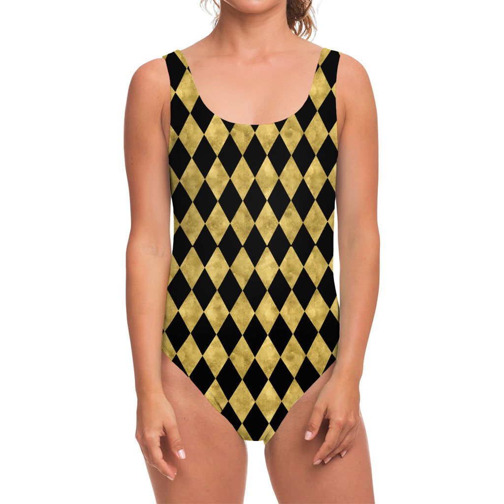 Black And Gold Harlequin Pattern Print One Piece Swimsuit