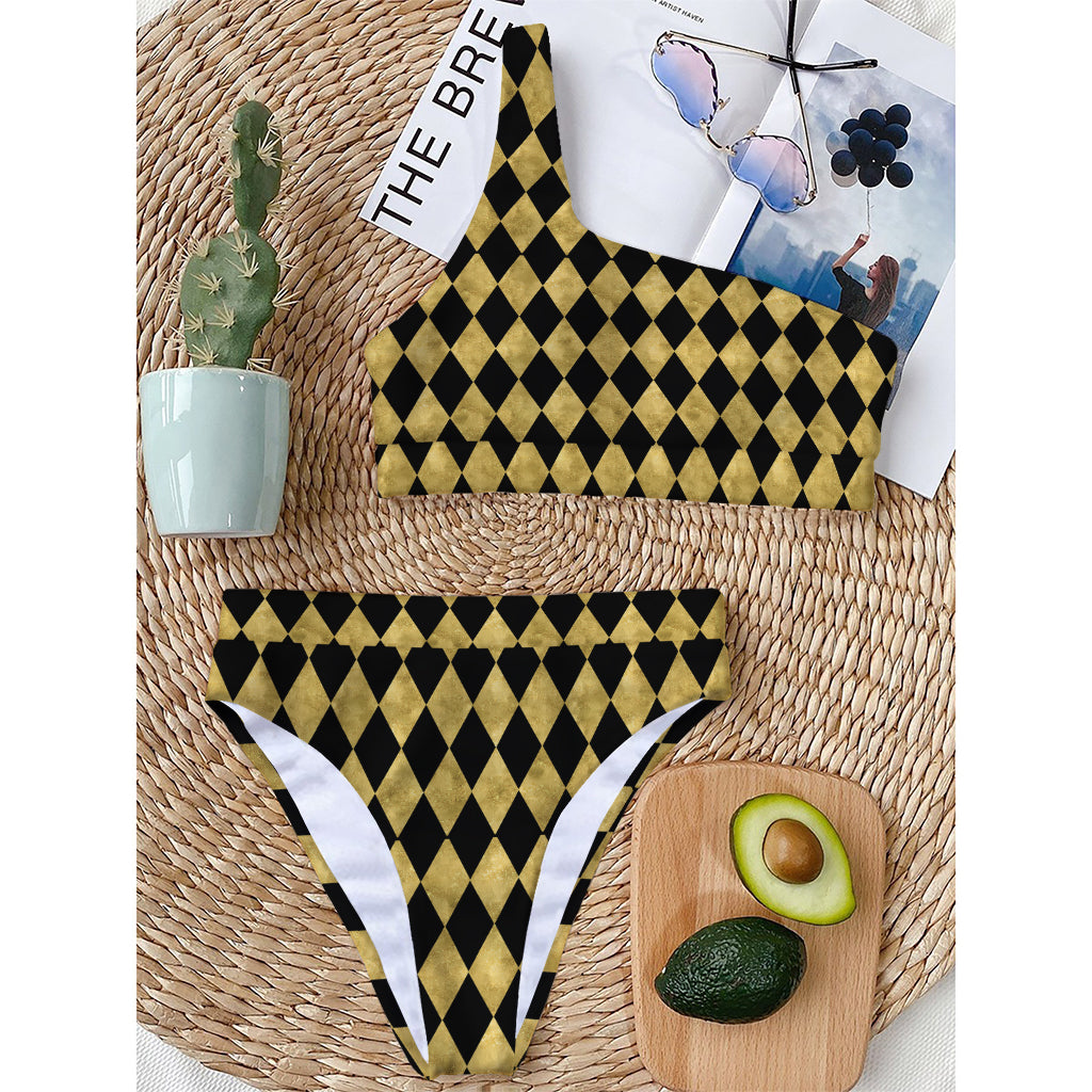 Black And Gold Harlequin Pattern Print One Shoulder Bikini Top