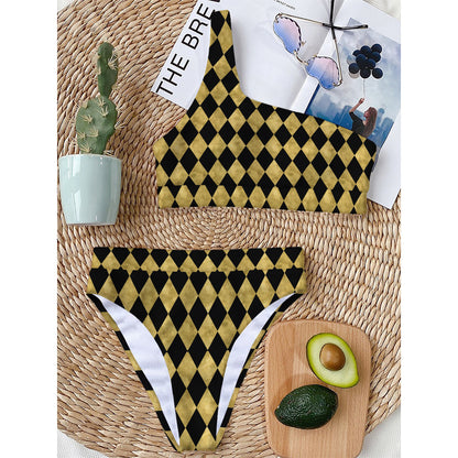 Black And Gold Harlequin Pattern Print One Shoulder Bikini Top