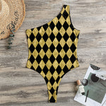 Black And Gold Harlequin Pattern Print One Shoulder Bodysuit