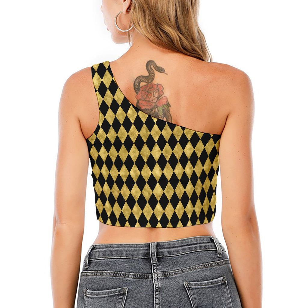 Black And Gold Harlequin Pattern Print One Shoulder Crop Top