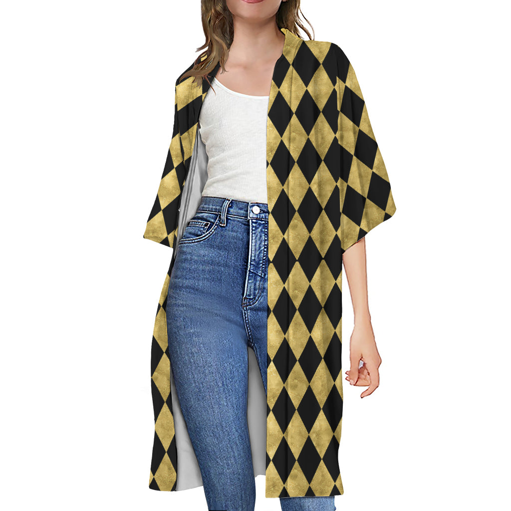 Black And Gold Harlequin Pattern Print Open Front Beach Cover Up