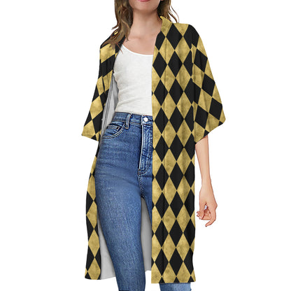 Black And Gold Harlequin Pattern Print Open Front Beach Cover Up