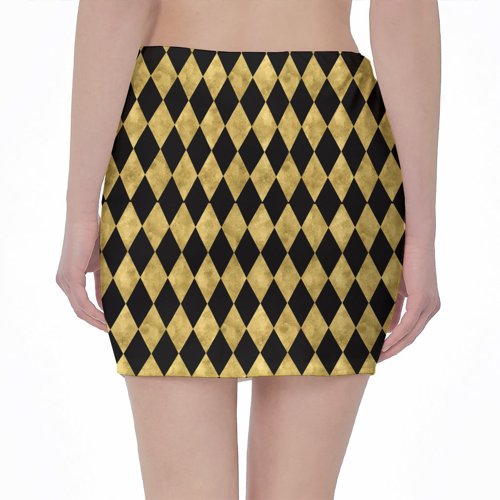 Black And Gold Harlequin Pattern Print Pencil Mini Skirt