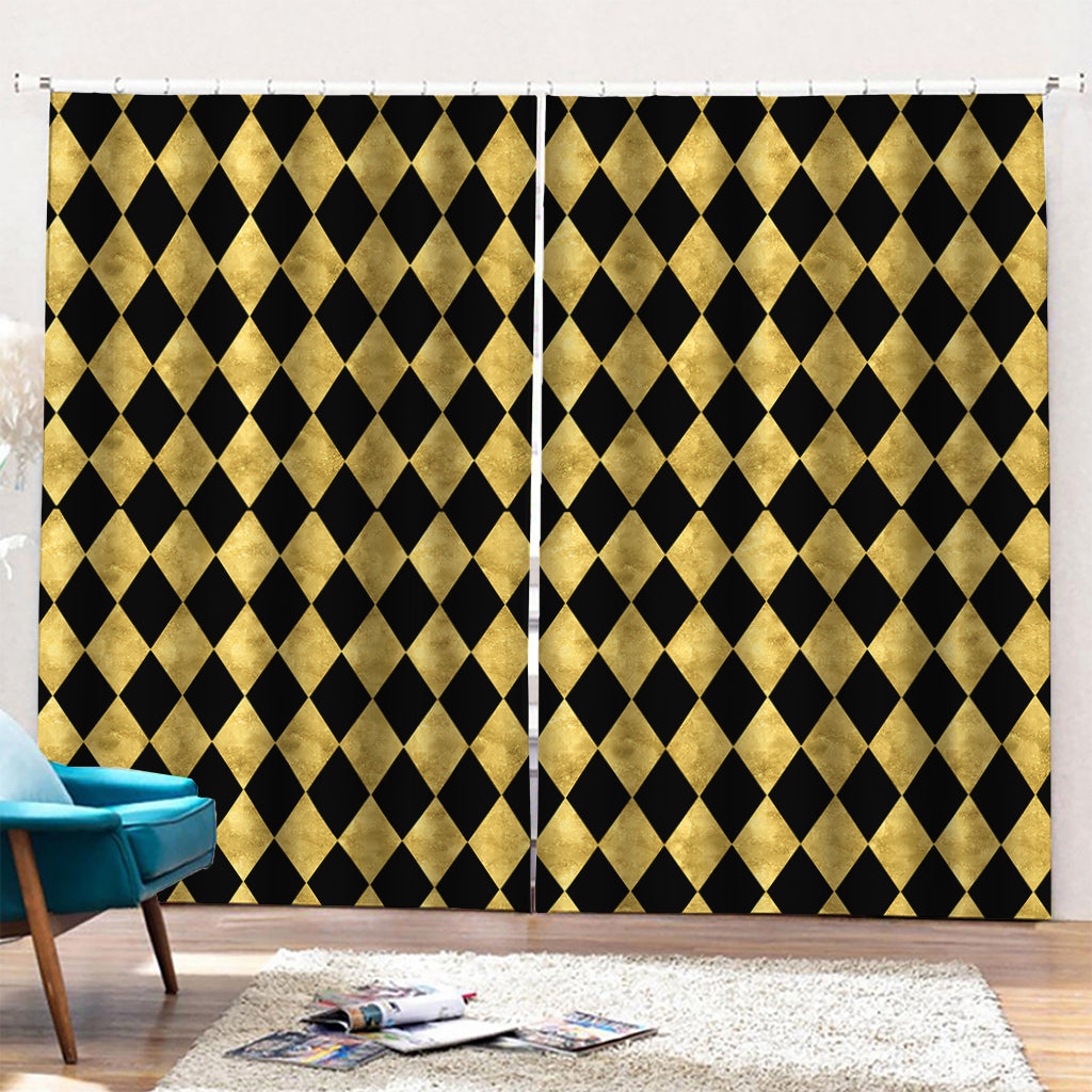 Black And Gold Harlequin Pattern Print Pencil Pleat Curtains