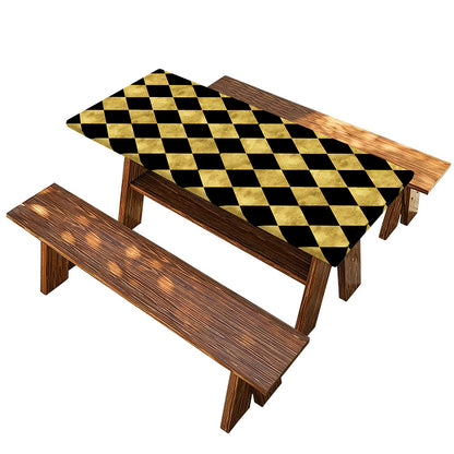 Black And Gold Harlequin Pattern Print Picnic Table Cover