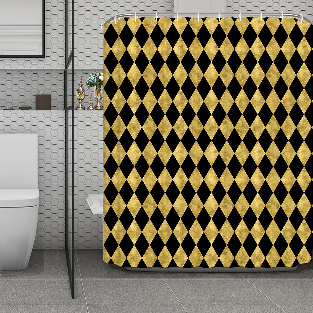 Black And Gold Harlequin Pattern Print Polyester Shower Curtain