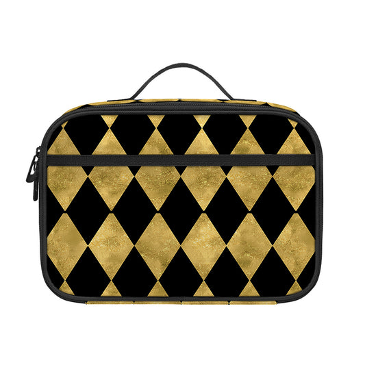 Black And Gold Harlequin Pattern Print Portable Lunch Bag