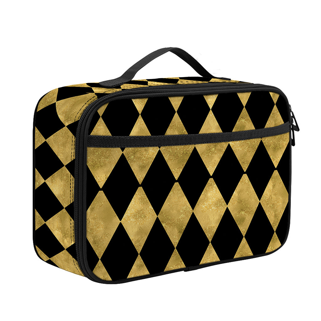 Black And Gold Harlequin Pattern Print Portable Lunch Bag