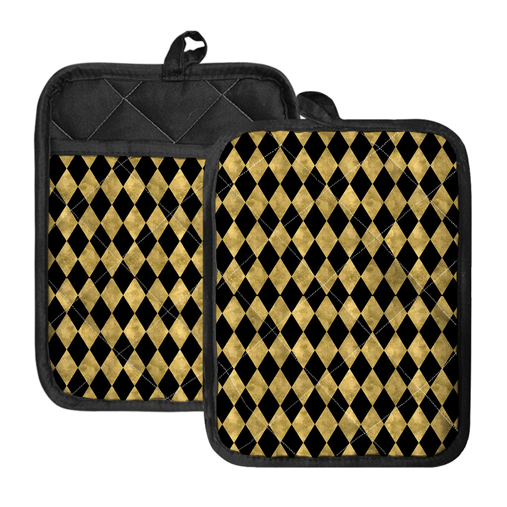 Black And Gold Harlequin Pattern Print Pot Holders With Pocket
