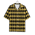 Black And Gold Harlequin Pattern Print Rayon Hawaiian Shirt