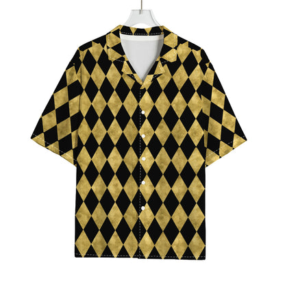 Black And Gold Harlequin Pattern Print Rayon Hawaiian Shirt