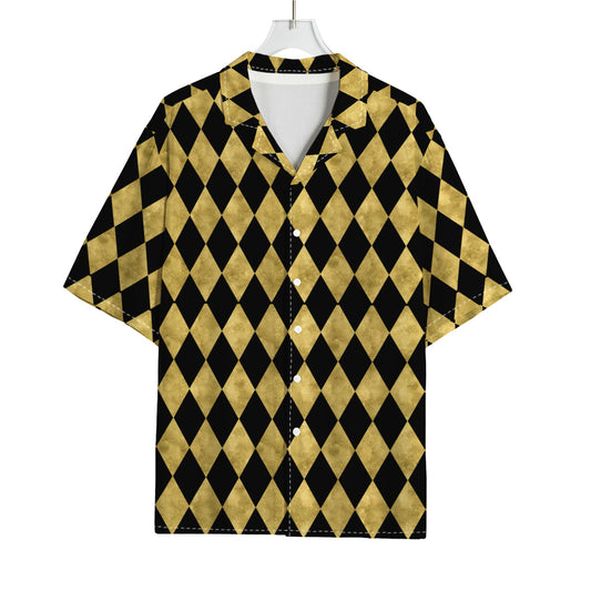 Black And Gold Harlequin Pattern Print Rayon Hawaiian Shirt