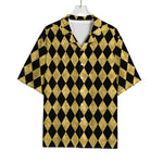 Black And Gold Harlequin Pattern Print Rayon Hawaiian Shirt