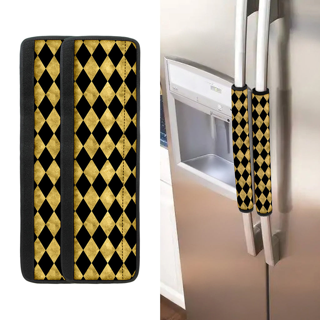 Black And Gold Harlequin Pattern Print Refrigerator Handle Covers