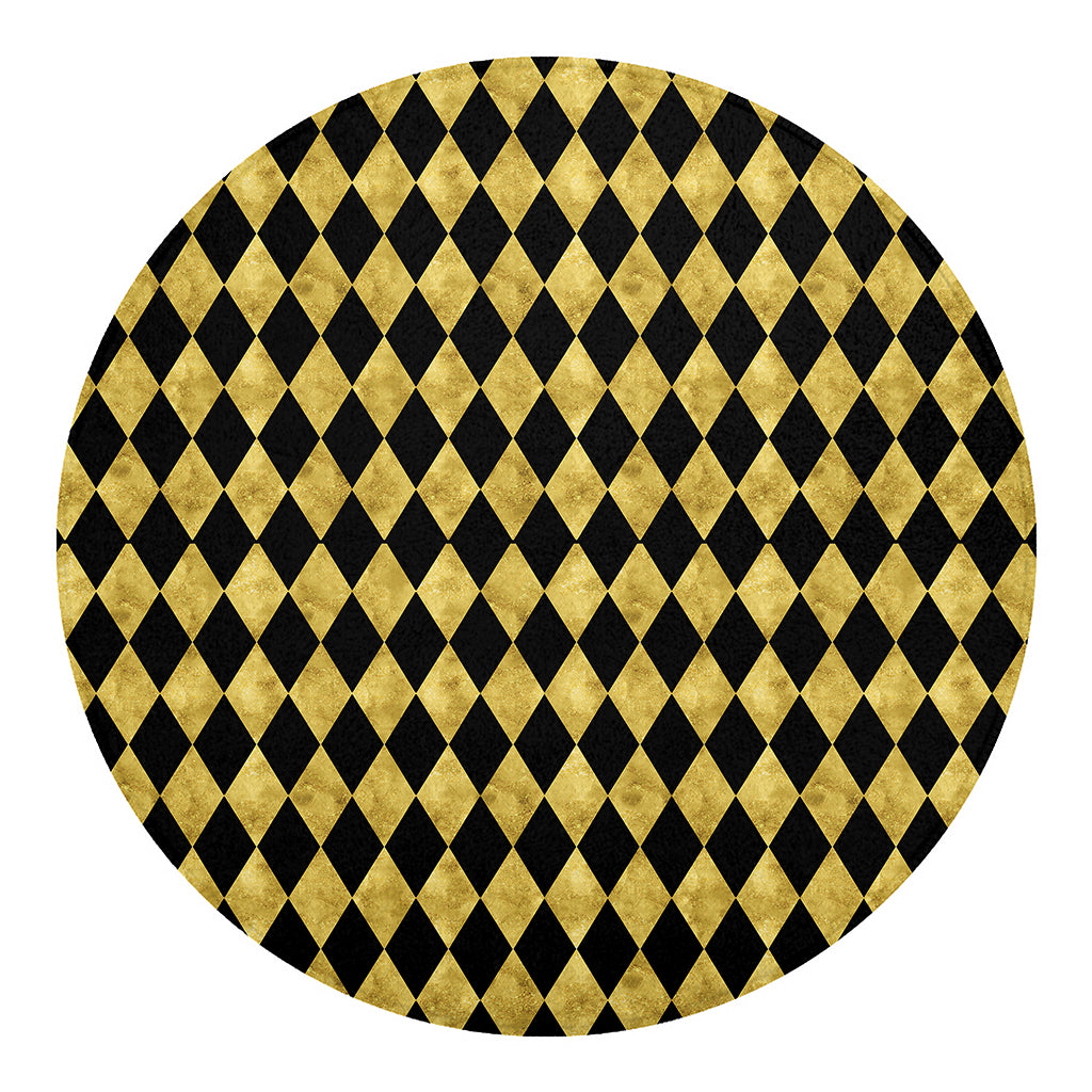 Black And Gold Harlequin Pattern Print Round Blanket