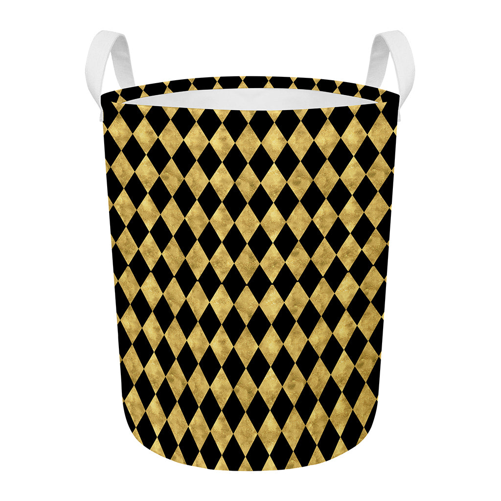Black And Gold Harlequin Pattern Print Round Laundry Basket