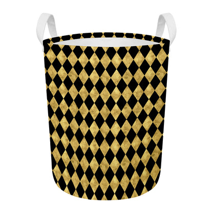 Black And Gold Harlequin Pattern Print Round Laundry Basket