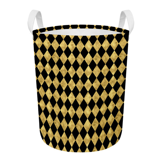 Black And Gold Harlequin Pattern Print Round Laundry Basket