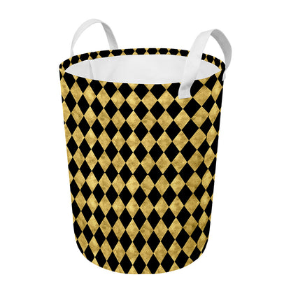 Black And Gold Harlequin Pattern Print Round Laundry Basket