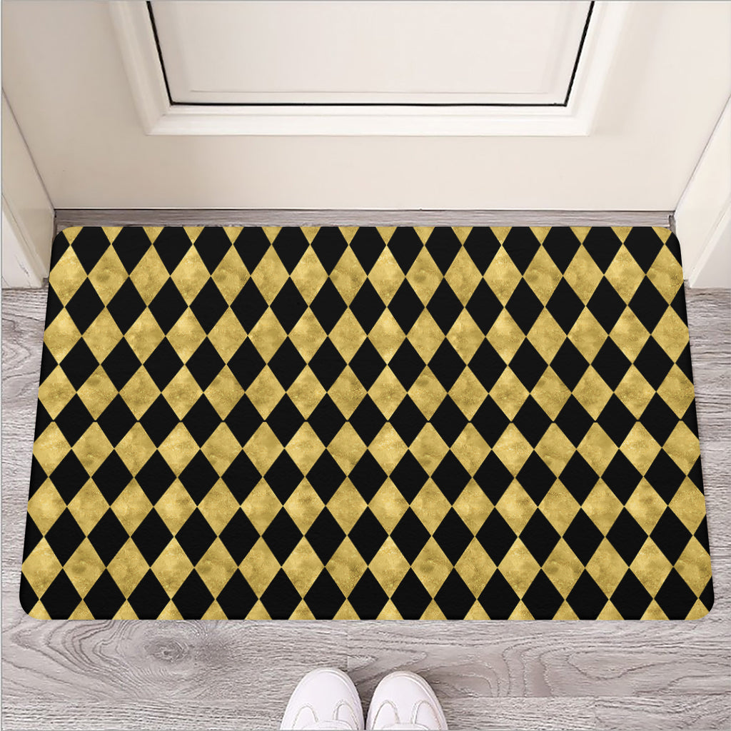 Black And Gold Harlequin Pattern Print Rubber Doormat