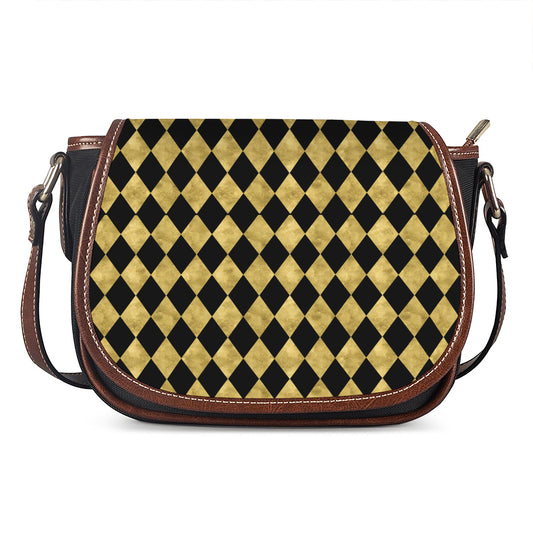 Black And Gold Harlequin Pattern Print Saddle Bag