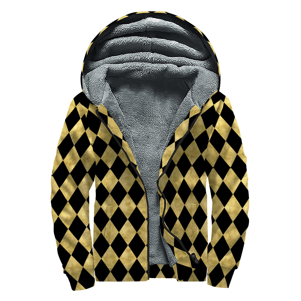 Black And Gold Harlequin Pattern Print Sherpa Lined Zip Up Hoodie