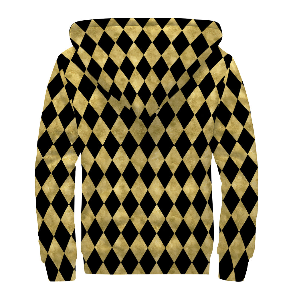 Black And Gold Harlequin Pattern Print Sherpa Lined Zip Up Hoodie