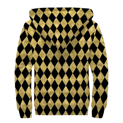 Black And Gold Harlequin Pattern Print Sherpa Lined Zip Up Hoodie