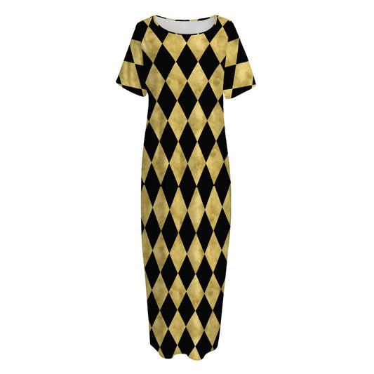 Black And Gold Harlequin Pattern Print Short Sleeve Long Nightdress