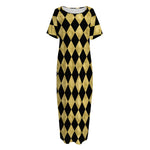 Black And Gold Harlequin Pattern Print Short Sleeve Long Nightdress