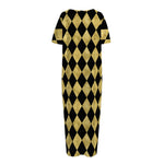 Black And Gold Harlequin Pattern Print Short Sleeve Long Nightdress