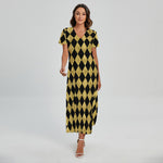 Black And Gold Harlequin Pattern Print Short Sleeve Maxi Dress